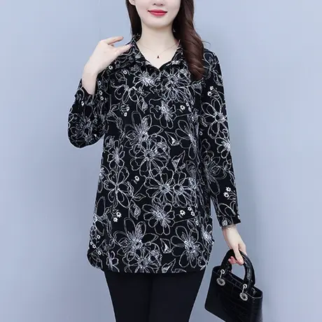 漂亮时尚雪纺衫大码长袖2023新款中长款打底衫女春秋款妈妈遮肚子商品大图