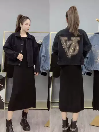 2023春季韩版新牛仔外套女烫钻宽松POLO领显瘦百搭牛仔衣外套上衣商品大图