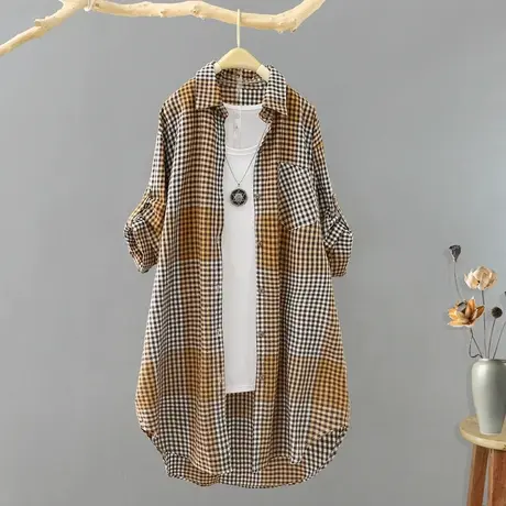 2024秋装新品中长款细格子长袖衬衫女宽松休闲外套衬衣薄开衫上衣图片
