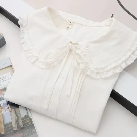 娃娃领小众长袖白色衬衫女内搭衬衣春秋设计氛围感上衣荷叶边纯棉图片