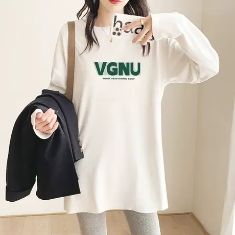 白色中长款长袖T恤女韩版宽松打底衫2022年秋季字母印花纯棉内搭图片