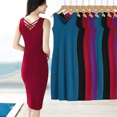 酒红色无袖v领连衣裙女性感修身显身材包臀裙气质小红裙长款美背商品大图