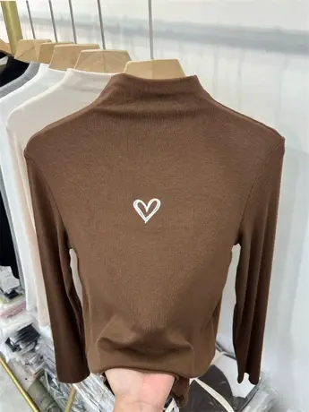 秋装半高领修身套头螺纹弹力刺绣爱心针织长袖T恤女打底衫上衣服商品大图