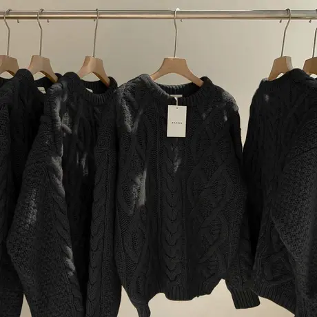 古着vintage麻花毛衣女秋冬高级感慵懒风重工粗线套头圆领针织衫商品大图