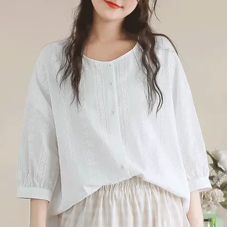 【买一送一】夏满幅绣简约圆领衬衫大码夏学院风减龄上衣200斤女商品大图