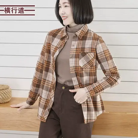 2024春季新款翻领长袖格子衬衫女合体polo衬衫休闲衬衣薄外套上衣商品大图