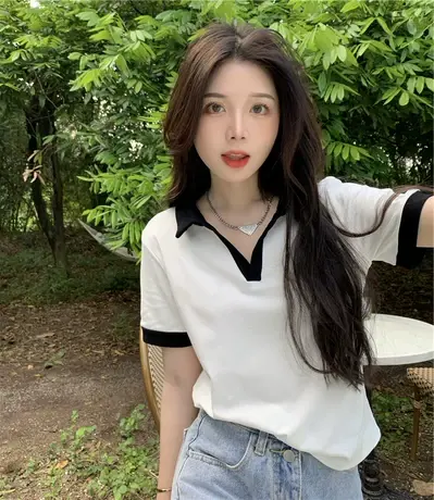 polo衫领t恤美式复古学院风少女短袖体桖2024年新款夏季半袖上衣商品大图