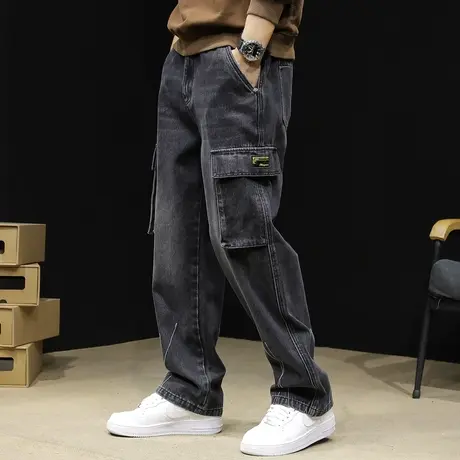 潮牌黑色牛仔裤男春季2024新款直筒宽松大码春秋阔腿男裤工装裤子图片