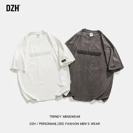 男士刺绣t恤麂皮绒短袖男潮牌潮流夏季圆领上衣2023新款宽松半袖商品大图