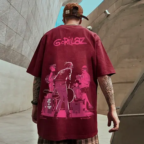 红色短袖t恤男胖2025新款重磅纯棉夏季嘻哈加肥加大码上衣服半袖D图片