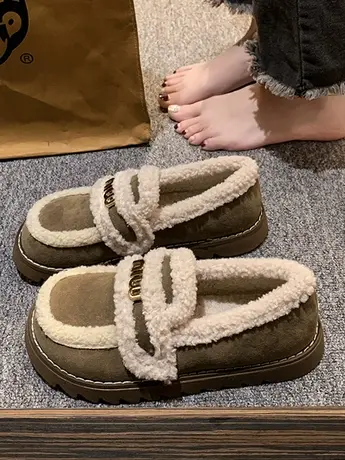 勃肯豆豆鞋女秋冬季加绒保暖羊羔毛棉鞋2023新款一脚蹬外穿毛毛鞋商品大图