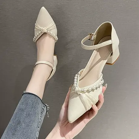 玛丽珍鞋2023年夏季新款浅口尖头高跟粗跟仙女风包头凉鞋单鞋女夏图片