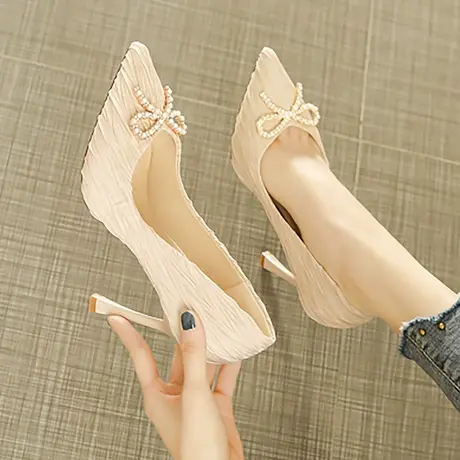 礼服宴会超高跟鞋女2024新款春季百搭性感蝴蝶结细跟气质法式单鞋商品大图