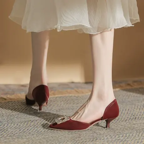 2024年春季新款酒红色尖头高跟鞋女细跟性感少女中空百搭宴会单鞋商品大图