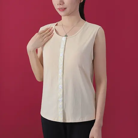 妈妈背心前开扣带胸垫中老年防凸点可外穿坎袖开衫商品大图