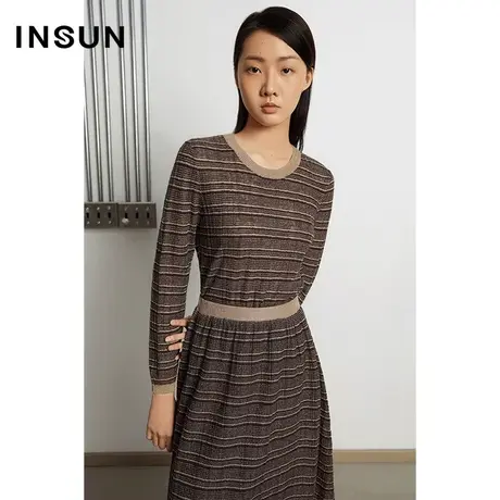 INSUN恩裳奥莱秋季亮丝条纹套头短款针织衫图片