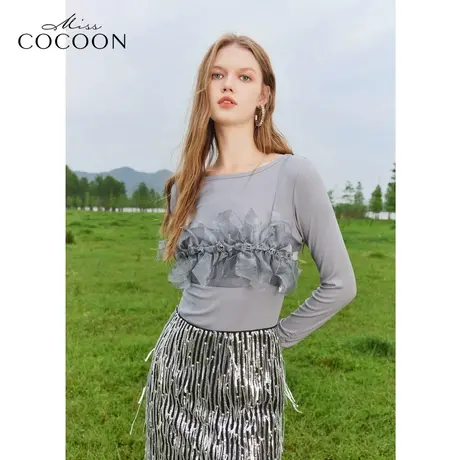 【秋上新】missCOCOON重工吊带上衣2023秋装新款女装圆领针织T恤商品大图