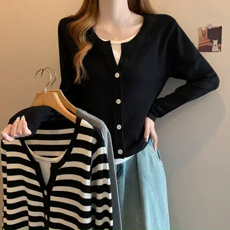 大码女装2023年新款胖mm秋季洋气百搭显瘦假两件针织衫上衣女8005商品大图