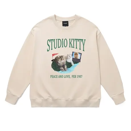 情侣款卫衣男女美式复古可爱猫咪慵懒风大码杏色纯棉无帽打底秋冬图片