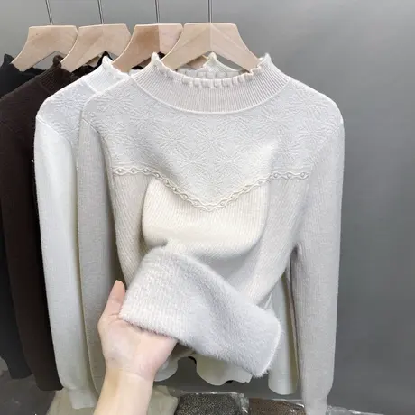 一体绒半高领毛衣女加绒厚打底衫2023秋冬新款蕾丝针织衫内搭上衣商品大图