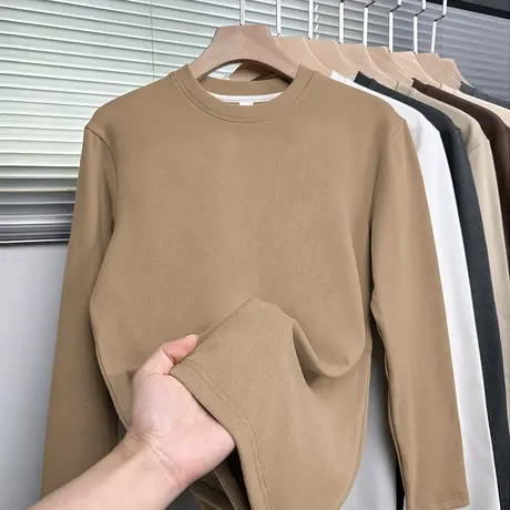 300g重磅双面德绒t恤男长袖秋冬加绒保暖打底衫圆领内搭纯色秋衣商品大图