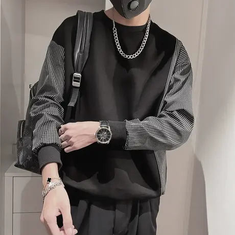 条纹拼接卫衣男2023春秋季新款ins潮流外套小众潮牌长袖打底上衣商品大图