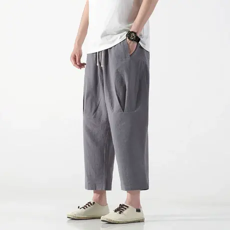 夏季八分裤男直筒裤子宽松大码休闲裤简约纯色沙滩裤旅游青年裤子图片
