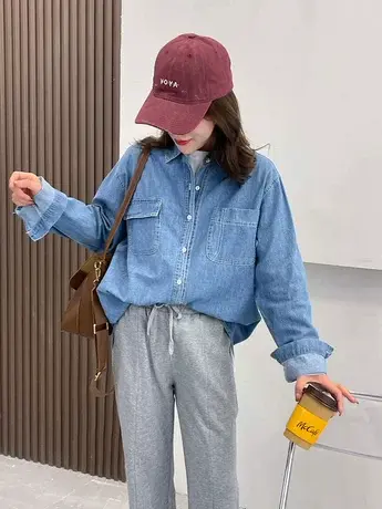 复古蓝色牛仔衬衫女早春新款叠穿内搭韩版宽松休闲长袖上衣ins潮商品大图