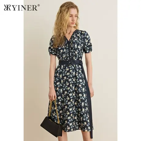 YINER音儿女装夏季V领收腰印花连衣裙图片