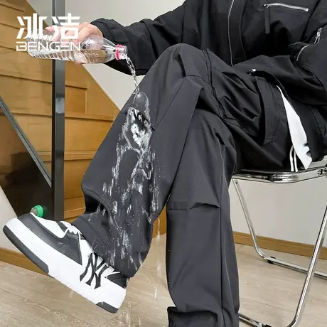 冰洁2024春夏新款冲锋裤子男士宽松直筒大码工装裤纯色高街休闲裤商品大图