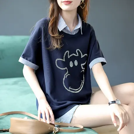 宝诗黎假两件烫钻短袖T恤女条纹打底衫2024夏季新款时尚休闲上衣商品大图