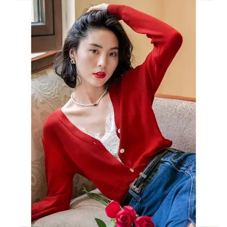 弥古红色开衫外套法式v领针织衫女早春高级感吊带裙外搭罩衫上衣图片