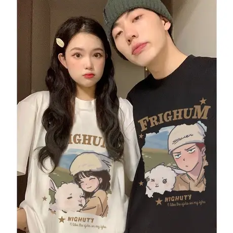 纯棉短袖t恤女夏季2023新款美式复古宽松半袖情侣装上衣oversize商品大图