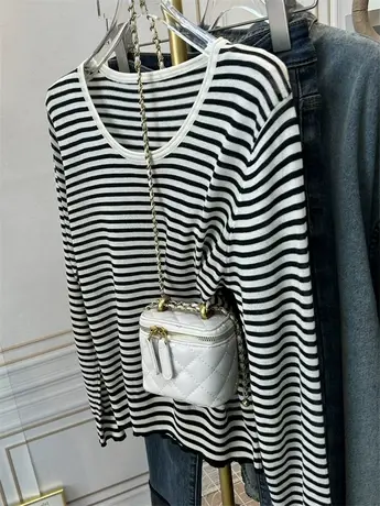 韩系大领口条纹针织衫女圆领宽松洋气套头冰丝长袖t恤上衣春秋款商品大图