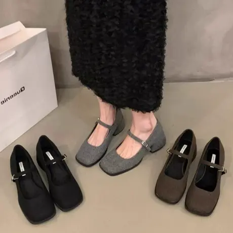 黑色高跟鞋秋冬女鞋子2024新款春秋季绒面英伦风小皮鞋玛丽珍单鞋图片