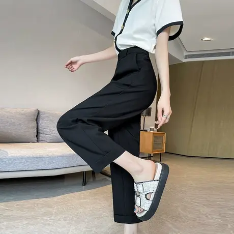 黑色九分直筒西装裤女春秋新款高腰显瘦卷边小个子休闲烟管哈伦裤商品大图