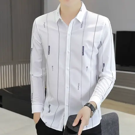 条纹衬衫男士秋季薄款休闲长袖衬衣港风日系痞帅上衣秋季男装外套商品大图