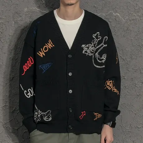 奕飏刺绣涂鸦厚重针织开衫男外套国潮宽松针织衫春秋韩版潮流毛衣商品大图