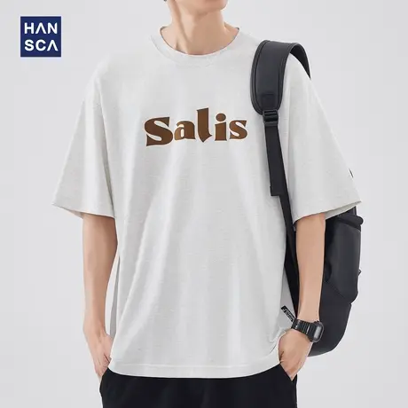 hansca纯棉t恤男短袖夏季2024新款潮牌圆领印花衣服纯色重磅上衣商品大图