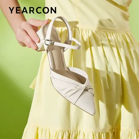 意尔康粗跟凉鞋女2024新款春夏尖头一字带高跟鞋包头后空中跟单鞋商品大图