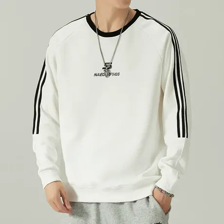 男款潮牌痞帅秋季撞色条纹长袖上衣服春秋款白色圆领卫衣秋天男装商品大图