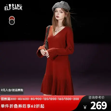 妖精的口袋黑色修身连衣裙女2023冬季新款v领显瘦气质打底小黑裙图片