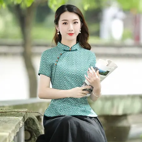 筠雅唐装茶服女夏改良旗袍短袖上衣佛系年轻款复古盘扣民国风女装图片