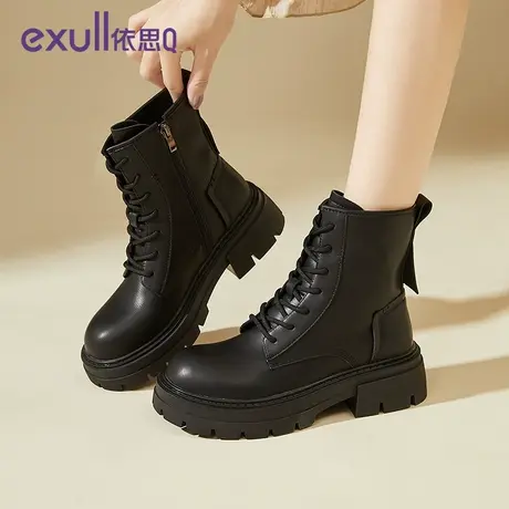 依思q黑色马丁靴2023冬季新款系带欧美风时装靴短靴切尔西靴女图片