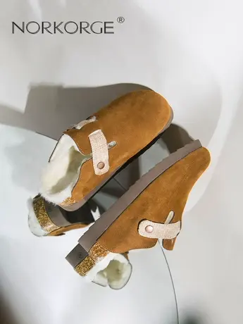 原创复古勃肯鞋女2023冬季新款女鞋子加绒一脚蹬毛毛鞋真皮粗跟鞋商品大图