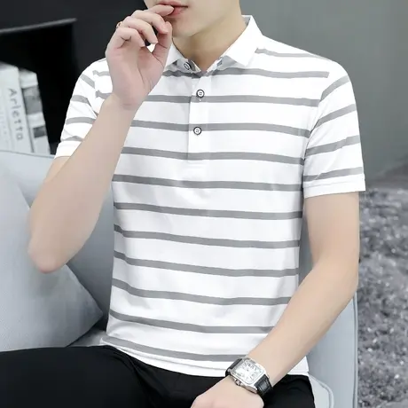 翻领条纹polo衫短袖t恤男装2023新款夏季冰丝半袖白色有领上衣服图片