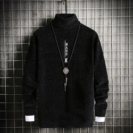 秋冬季雪尼尔高领毛衣男士韩版潮流修身上衣服加厚加绒针织打底衫商品大图