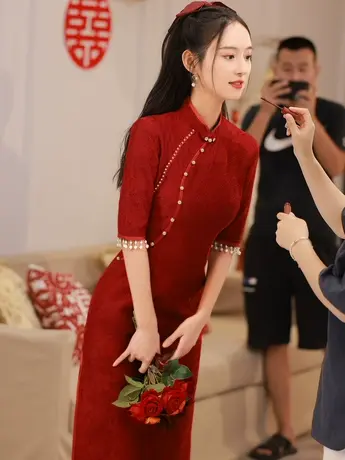 旗袍敬酒服2023新款酒红色高级感回门服新娘回门服结婚订婚礼服秋图片