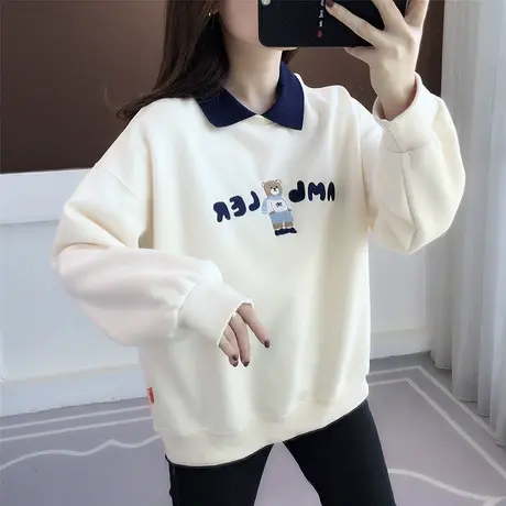 女士米色卫衣女春秋2023年新款复古翻领宽松上衣Polo领无帽外套女图片