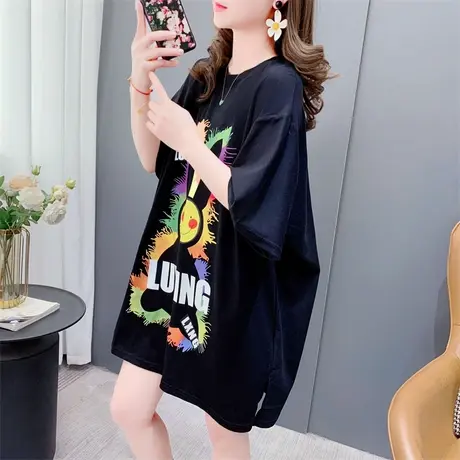 韩版宽松中长款卡通短袖t恤女2023年新款夏季洋气减龄时尚上衣ins商品大图